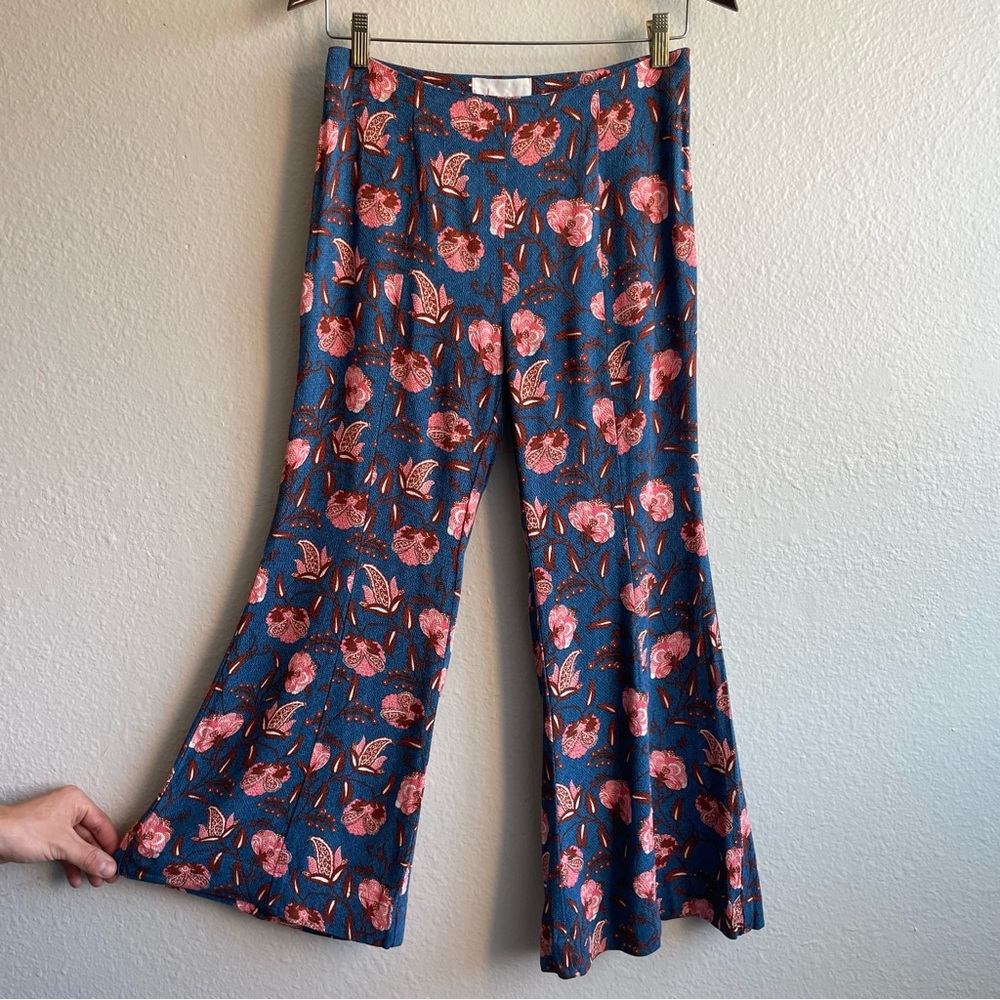 Anthropologie Blue Wide-Leg Pants with Pink Floral Print